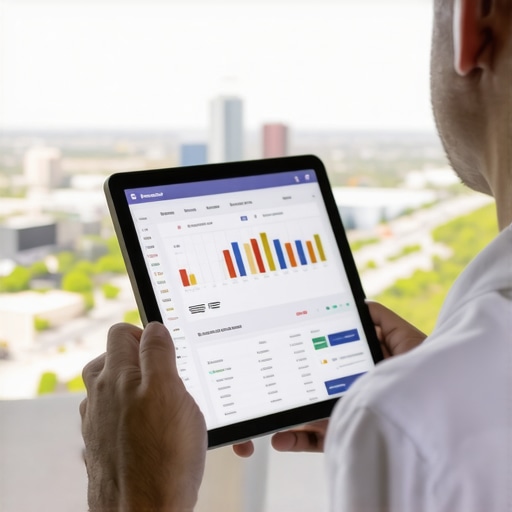 Person reviewing local SEO analytics on tablet with Gilbert cityscape