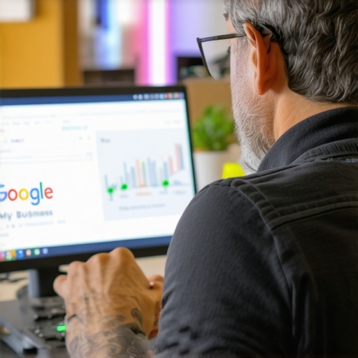 Business owner updating Google My Business profile with Gilbert landmarks in background.