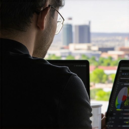 Business owner analyzing local SEO performance on laptop with Gilbert cityscape