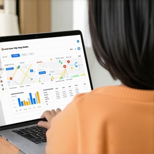 Person working on Google My Business profile on laptop with local SEO charts.