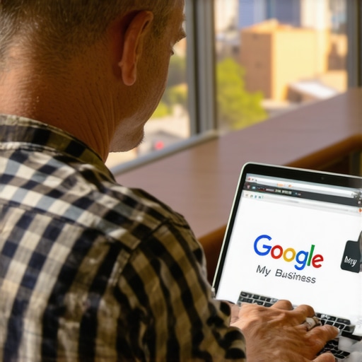 A business owner working on Google My Business profile on a laptop with Gilbert landmarks