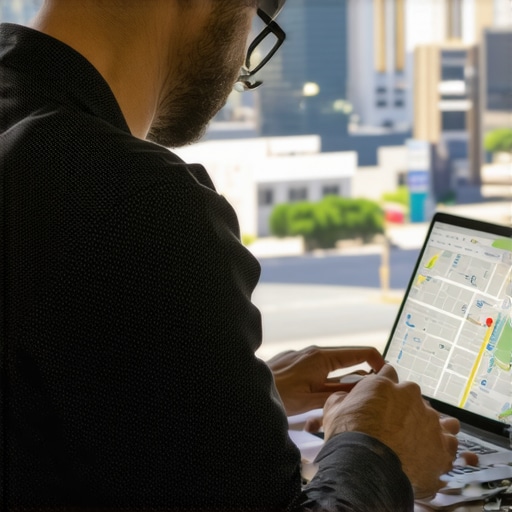 A strategist optimizing Google My Business profile on a laptop with Gilbert cityscape in background.
