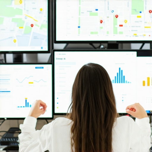 A person reviewing SEO metrics and Google Maps rankings on multiple screens.