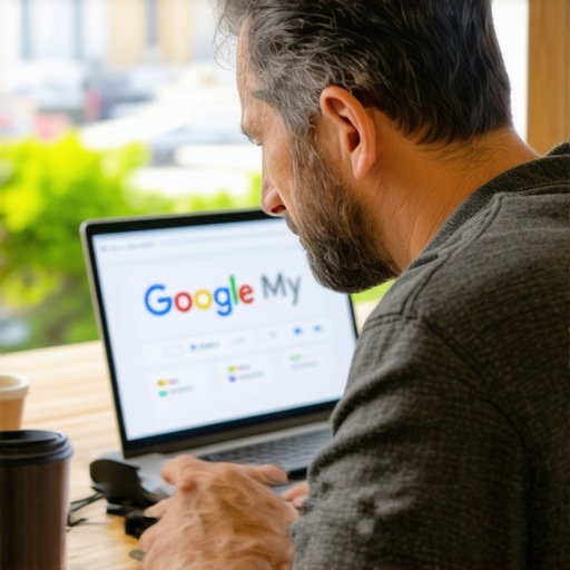 Business owner optimizing Google My Business profile on a computer with Gilbert cityscape