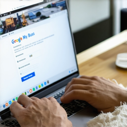 Optimizing Google My Business Profile in Gilbert Person editing Google My Business profile on laptop, Gilbert cityscape in background.