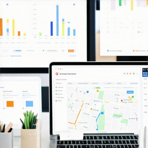 Laptop displaying Google My Business analytics alongside SEO tools on a work desk.