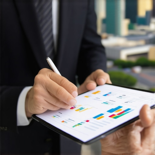 Businessman analyzing Gilbert SEO data with cityscape background.