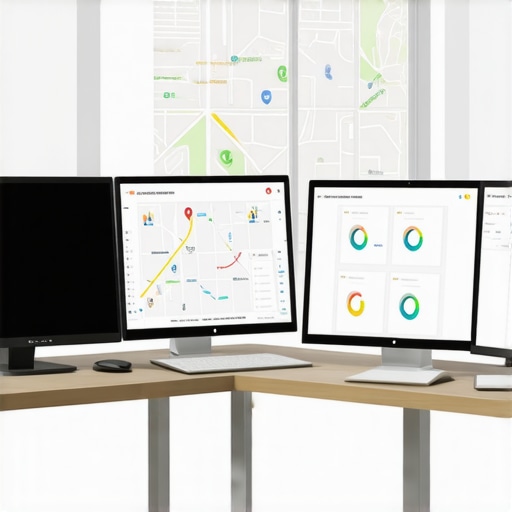 Digital SEO Tools for Local Business Maintenance A person managing local SEO with various digital tools on computer screens