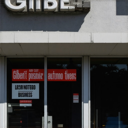 View of a Gilbert storefront showcasing local business signage during daylight hours.