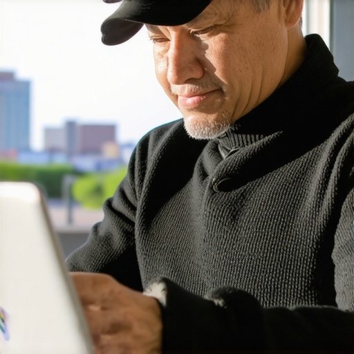 Business owner editing Google My Business profile on laptop with Gilbert cityscape in background
