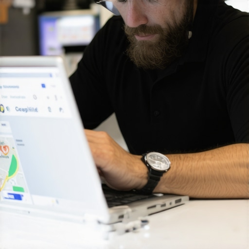 Shop owner optimizing GMB profile on laptop with local maps and analytics.