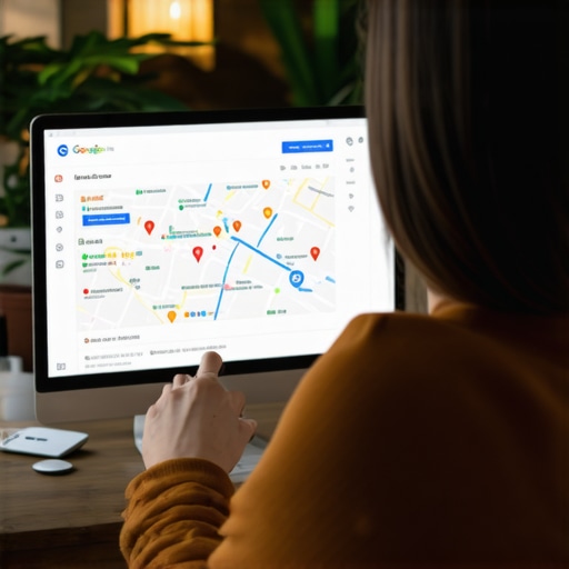 Business owner updating GMB profile on computer with map interface.