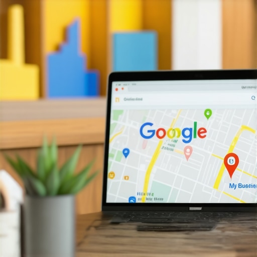Business owner editing Google My Business listing on laptop in front of Gilbert landmarks.