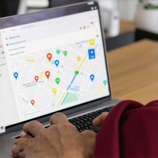 Person optimizing Google My Business profile on a laptop, local Gilbert map visible in the background.